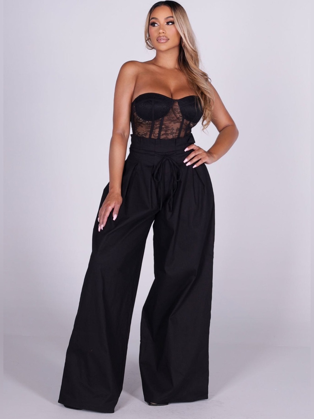 Contrast Lace Corset High-Waist Wide Leg Jumpsuit